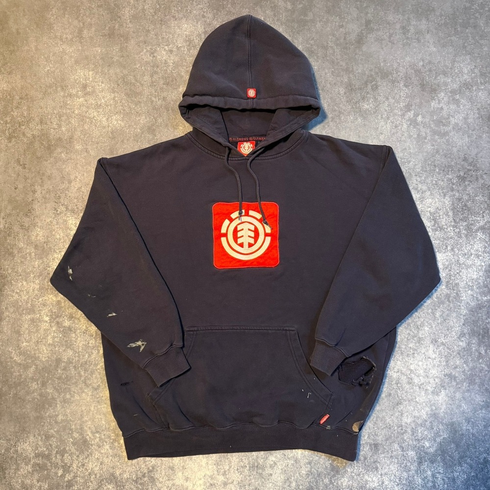 Vintage Element Skateboards Mens XL Hoodie Navy Blue Big Logo Distressed Y2K